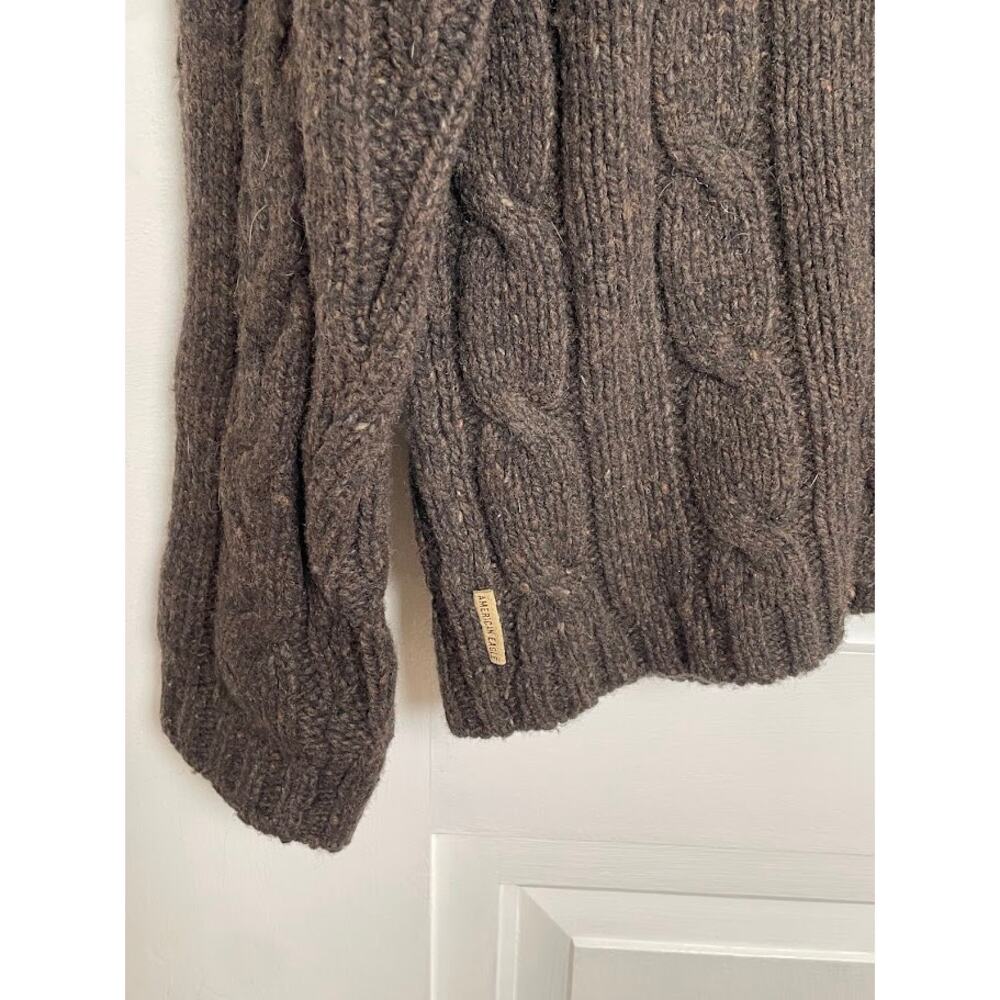 Vintage American Eagle Espresso Brown Lambswool Donegal Cable Fisherman Sweater - Picture 6 of 10